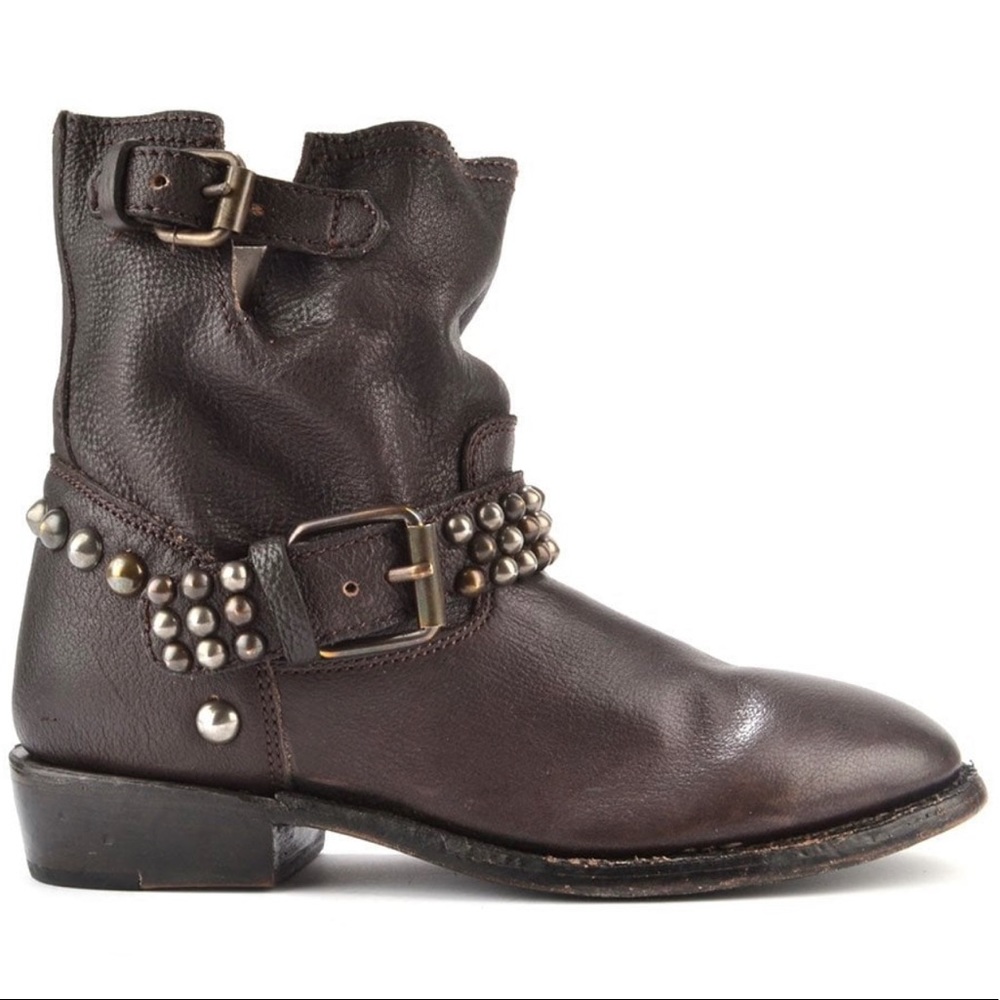 ASH Boots Rebel Motorcycle Boots Booties Dark Brown Studded Leather Buckle Round